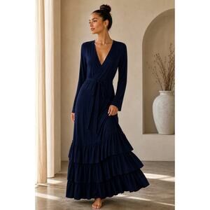 Skin Pima Cotton Wrap House Dress Robe Size 2 Navy Maxi Tiered Ruffle Skirt